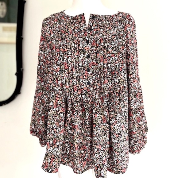 Max Studio Black Floral Print Pleated Tunic Blouse - Picture 1 of 6